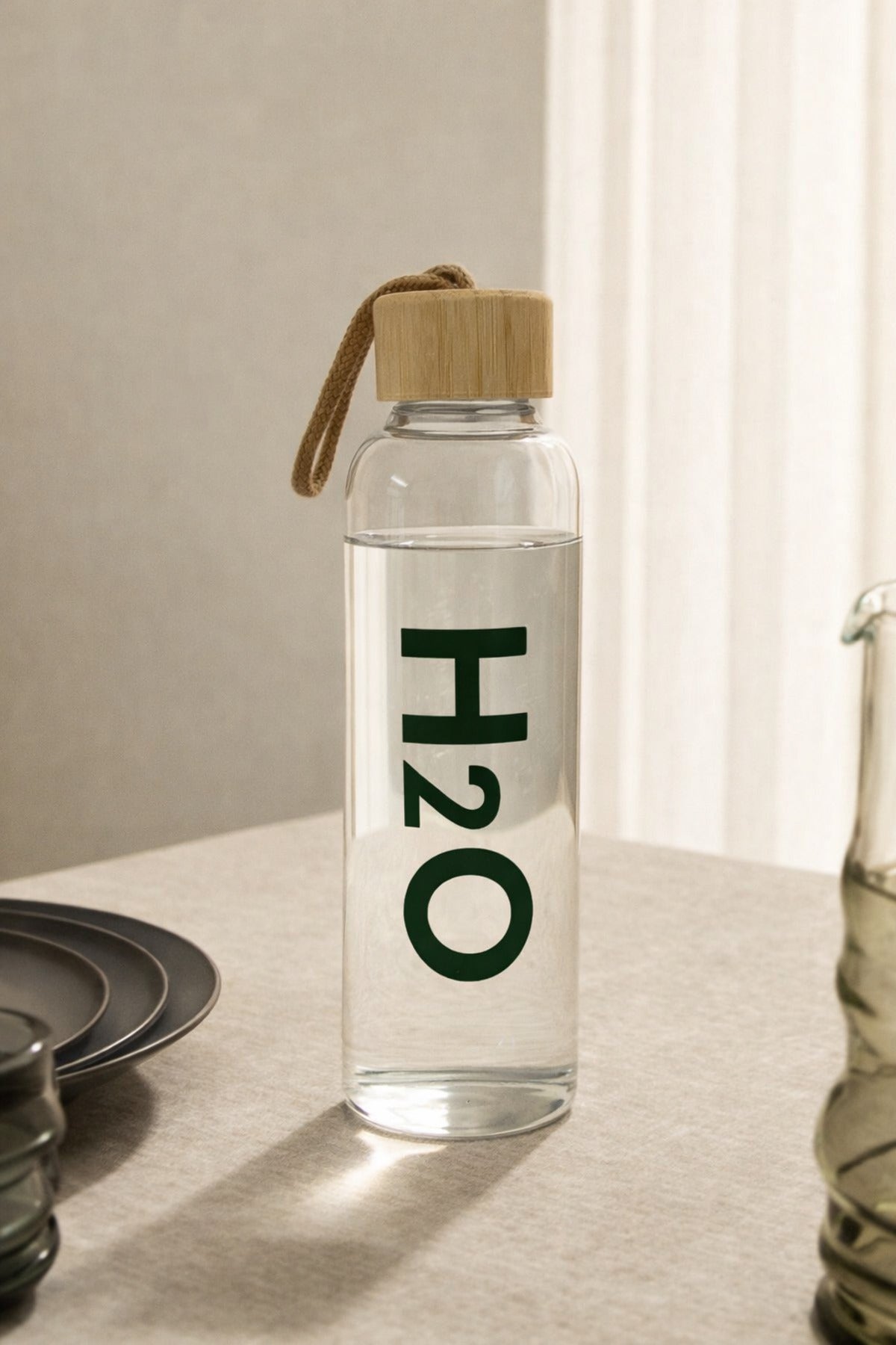 H2O Pure Glass Borosilikat Cam Matara | Vakum Kapak | Keten Torbalı | 600 ml