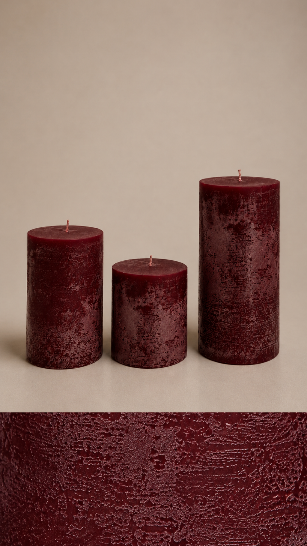 Velvet Eskitme Dokulu Bordo Silindir Mum – 3’lü Set