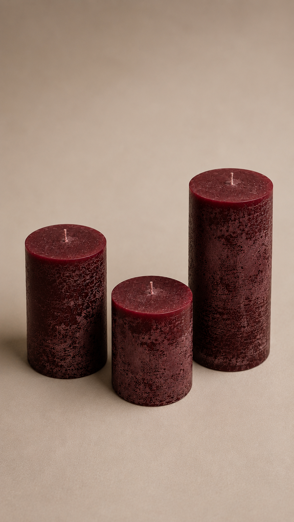 Velvet Eskitme Dokulu Bordo Silindir Mum – 3’lü Set