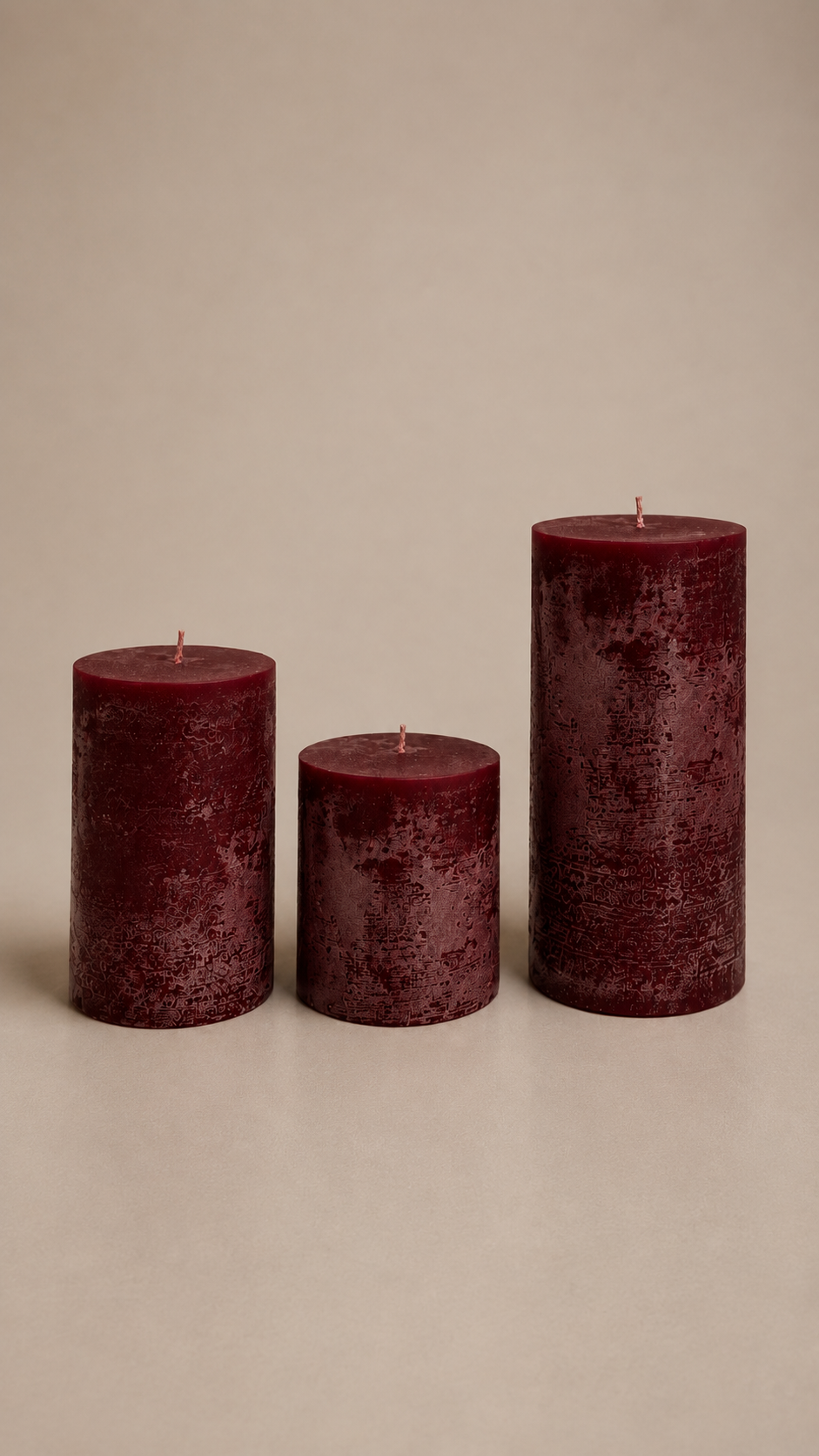Velvet Eskitme Dokulu Bordo Silindir Mum – 3’lü Set